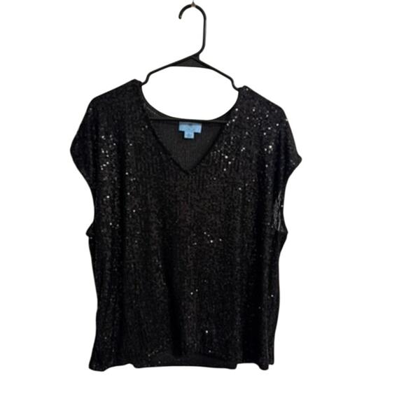 CeCe Tops - CeCe Black Short Sleeve Sequin Women's Blouse - Size XL